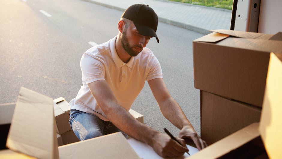 A man and a woman standing inside a doorway during a home relocation process, both holding cardboard boxes. The man, wearing an orange pair of trousers and a maroon T-shirt, holds a large box with red and black markings indicating fragile contents. The woman, dressed in beige trousers and a checked shirt, carries a smaller cardboard box with a red 'Fragile' label. They are positioned on a narrow corridor with a light grey wall on the left and a dark wooden door frame behind them, suggesting the interior of a residential property. The image captures the loading or unpacking stage of furniture transport, typical of professional removals services like those provided by Man and a Van Lambeth. The environment is well lit, emphasizing the logistical activity involved in house removals and packing. This scene illustrates the careful handling and organization during furniture transport and moving processes, highlighting the professionals involved in home relocation tasks.